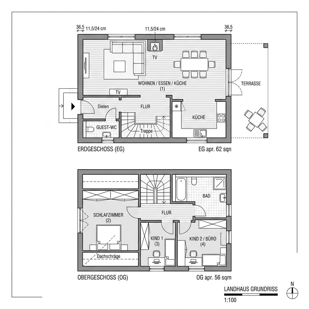Grundriss Landhaus Kompakt 118 von Wagener Systemhausbau — 118 m², 4 Zimmer