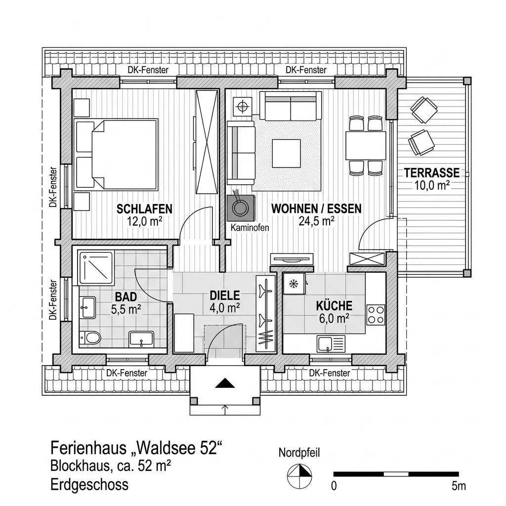 Grundriss Waldsee 52 von LéonWood — 52 m², 2 Zimmer