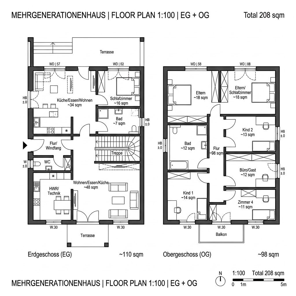 Grundriss Mehrgeneration Familienhof 208 von Albert Haus — 208 m², 7 Zimmer