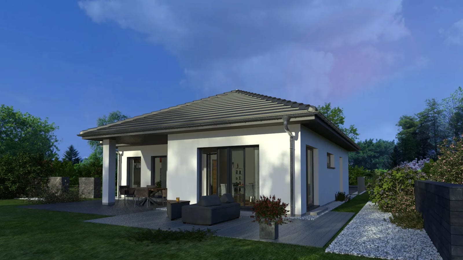 Bungalow 2 mit Walmdach von OKAL Haus — Außenansicht mit Terrasse (Herstellervisualisierung)