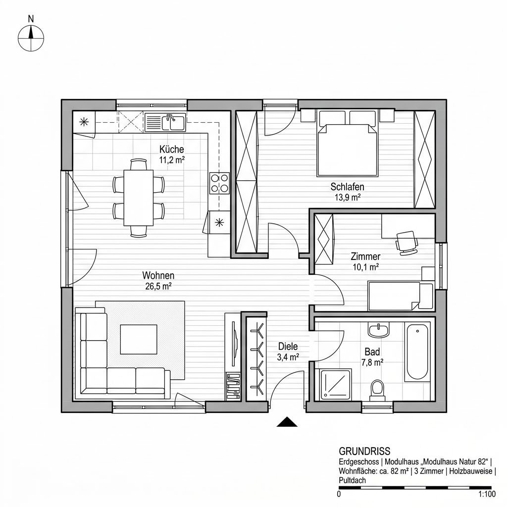 Grundriss Modulhaus Natur 82 von Regnauer Hausbau — 82 m², 3 Zimmer