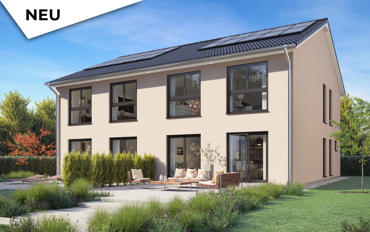 Doppelhaus SH 127 S DHH von ScanHaus Marlow — Außenansicht (Herstellervisualisierung)