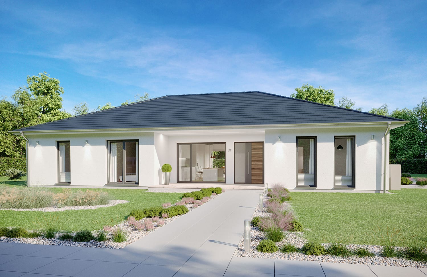 Bungalow SH 192 B von ScanHaus Marlow — Außenansicht mit Walmdach (Herstellervisualisierung)