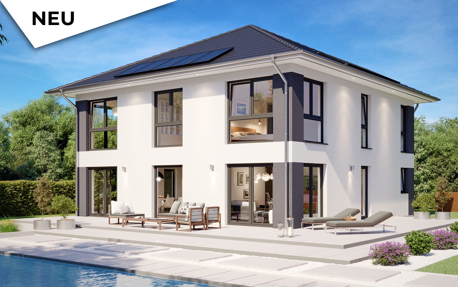 Stadtvilla SH 200 S von ScanHaus Marlow — Außenansicht mit Pool-Terrasse (Herstellervisualisierung)