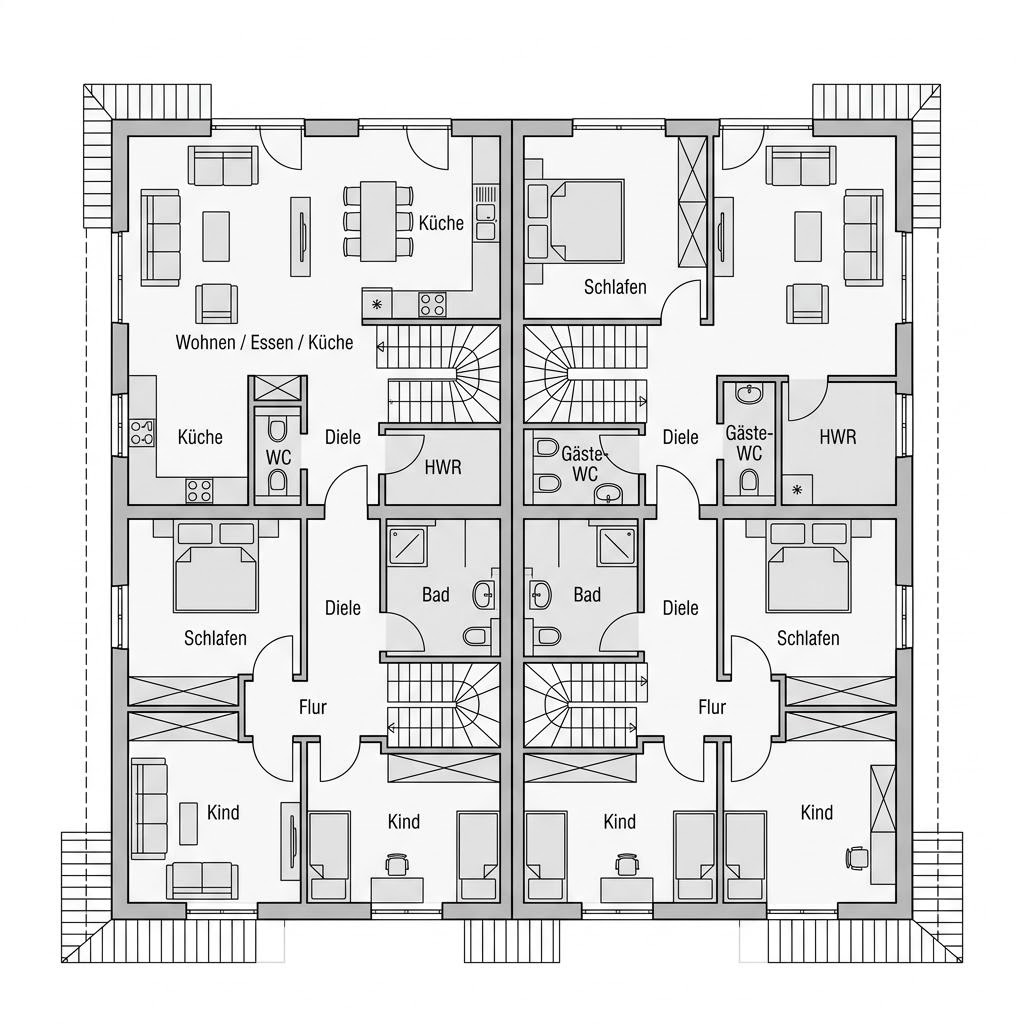 Grundriss Doppelhaus Fokus Duo 140 von Schwabenhaus — 140 m², 5 Zimmer