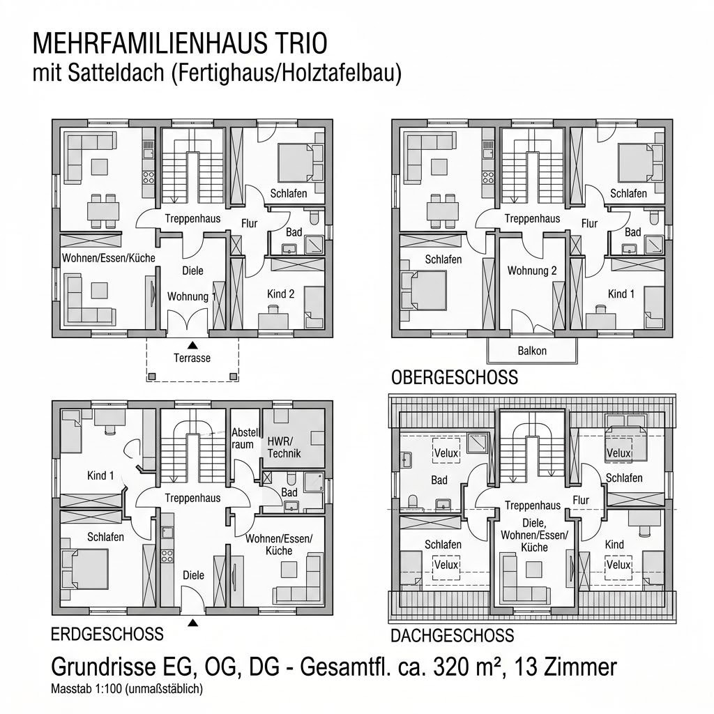 Grundriss Mehrfamilienhaus Trio mit Satteldach von SchwörerHaus — 320 m², 13 Zimmer