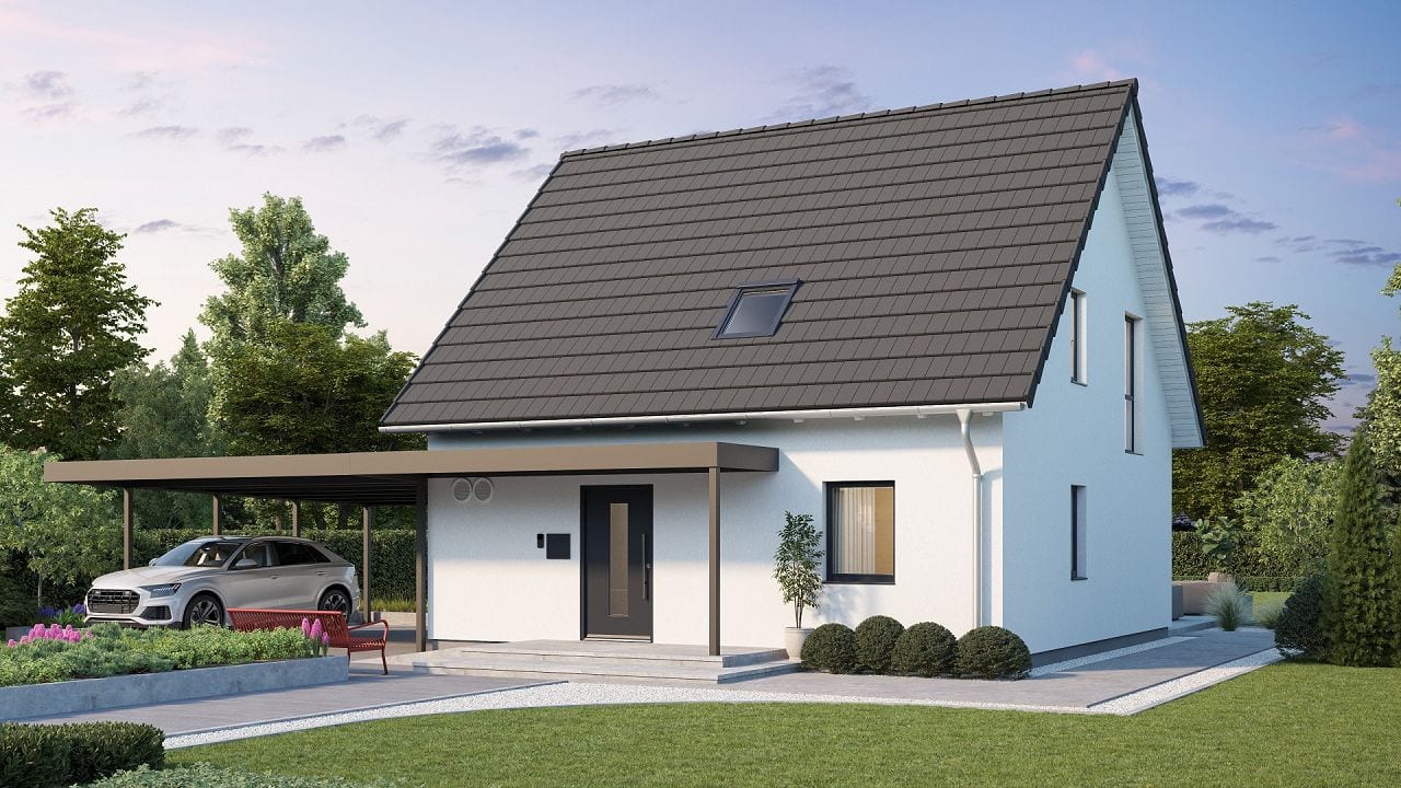 Platzwunder Haus 04 von STREIF Haus — Frontansicht mit Carport (Herstellervisualisierung)