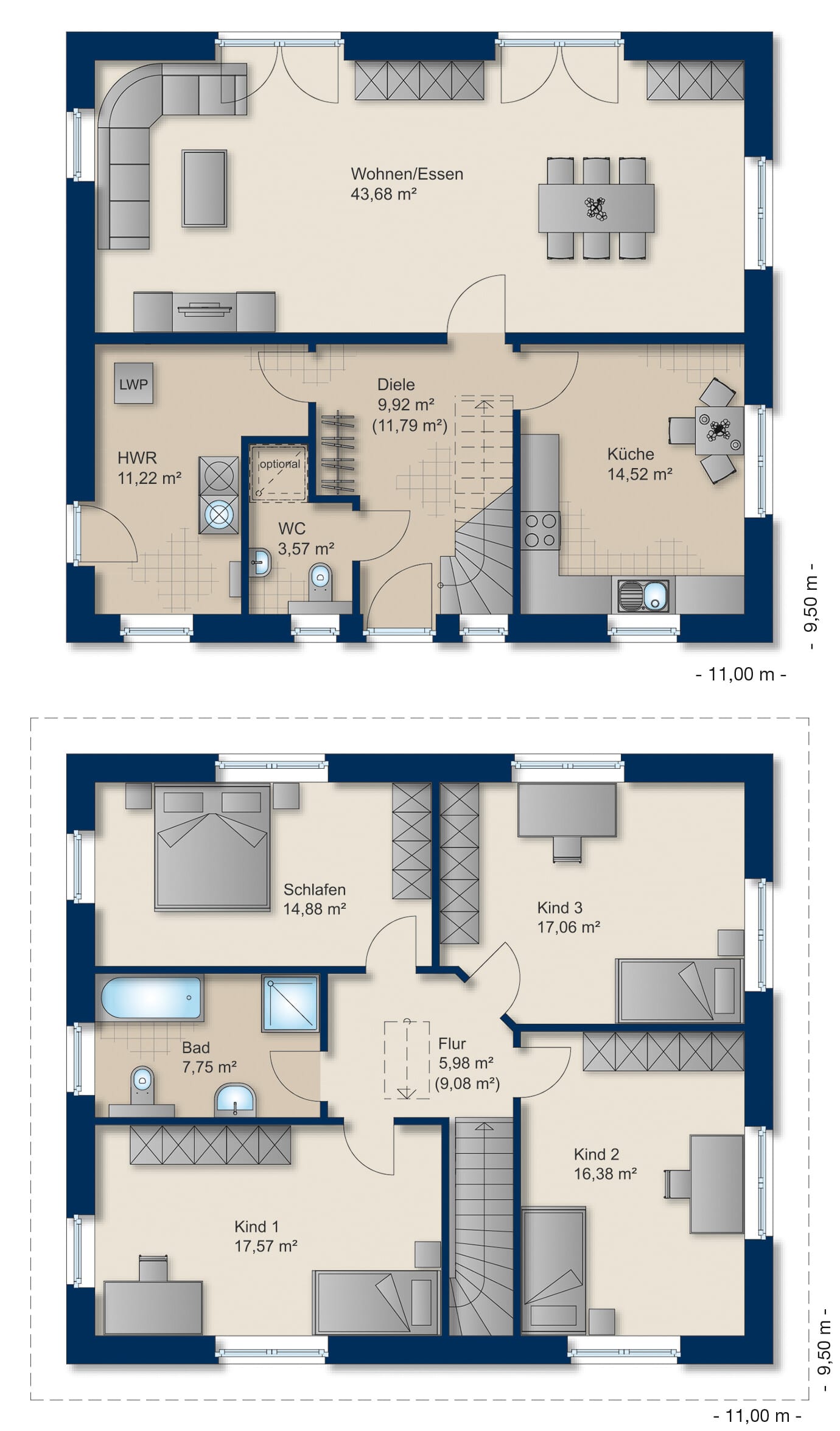 Grundriss Stadtvilla 170 von Team Massivhaus — 170 m², 5 Zimmer