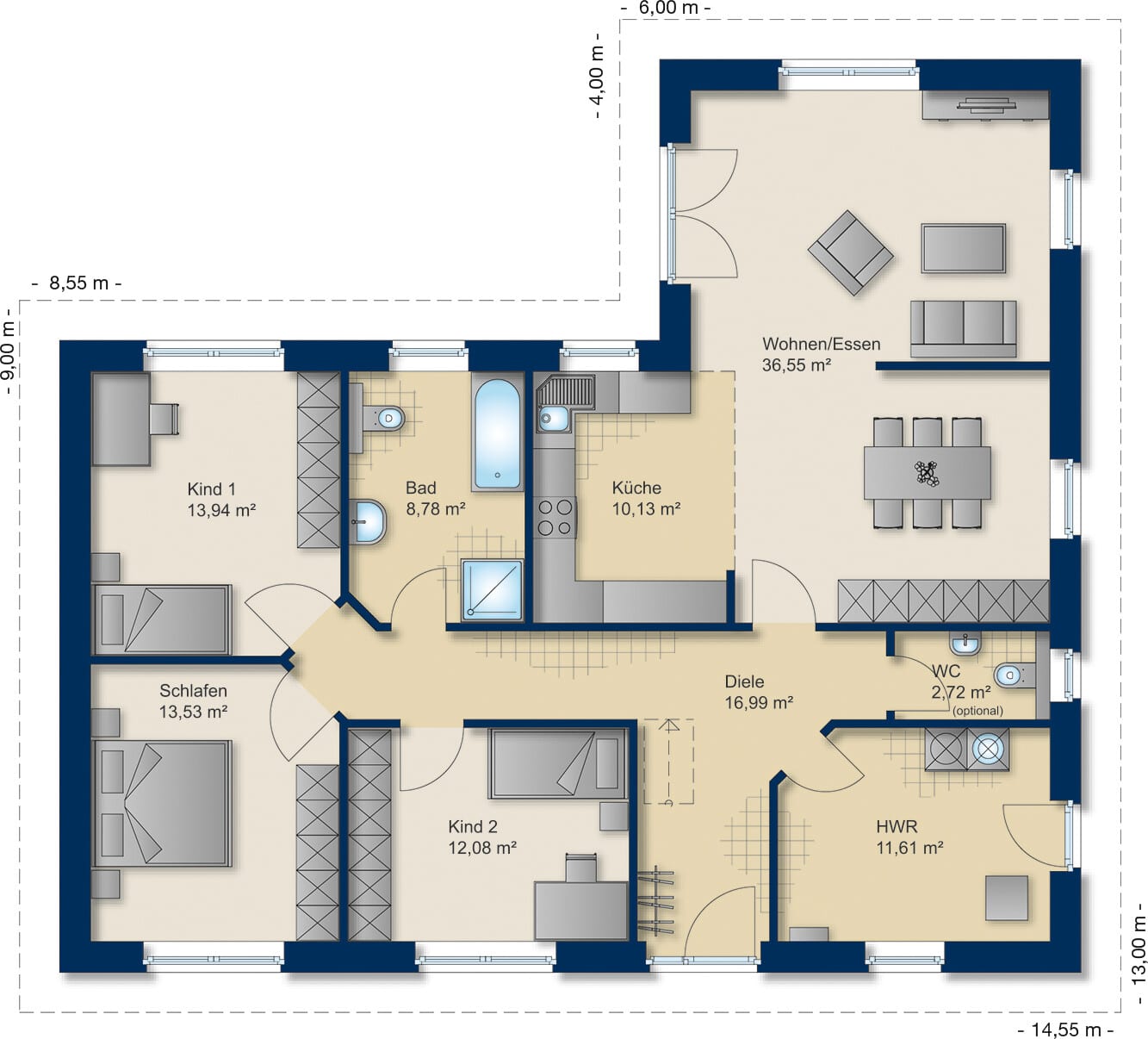 Grundriss Winkelbungalow 125 von Team Massivhaus — 125 m², 4 Zimmer