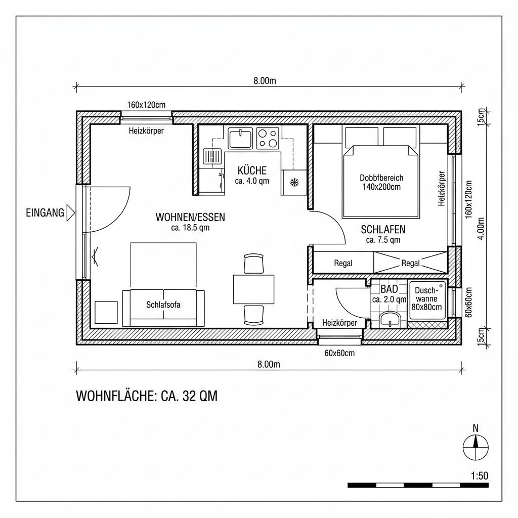 Grundriss Tiny Loft 32 von CABIN ONE — 32 m², 1 Zimmer