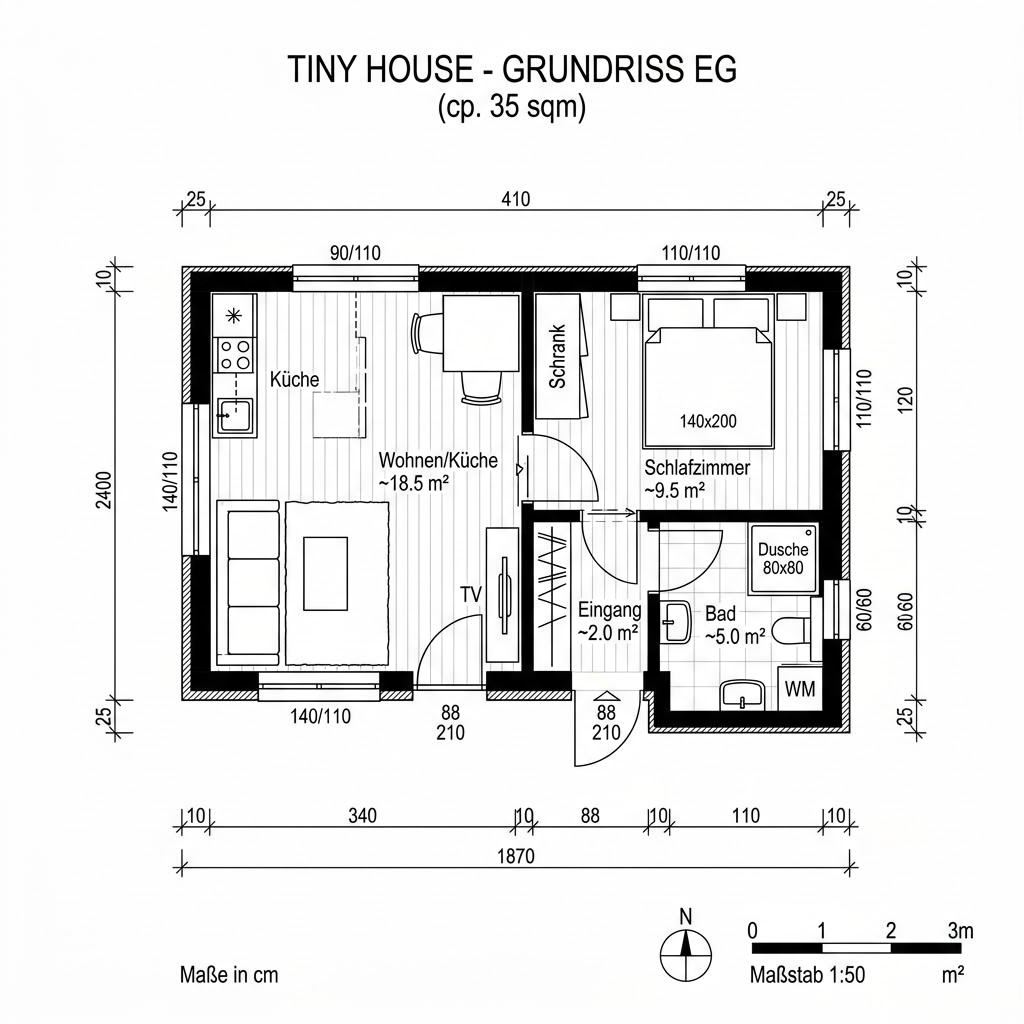 Grundriss Tiny Kust 35 von Dwellii House — 35 m², 2 Zimmer