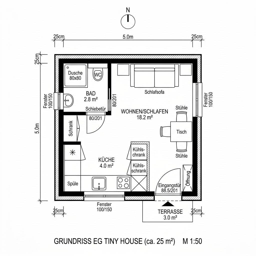 Grundriss Tiny Autark 25 von Wohnwagon — 25 m², 1 Zimmer