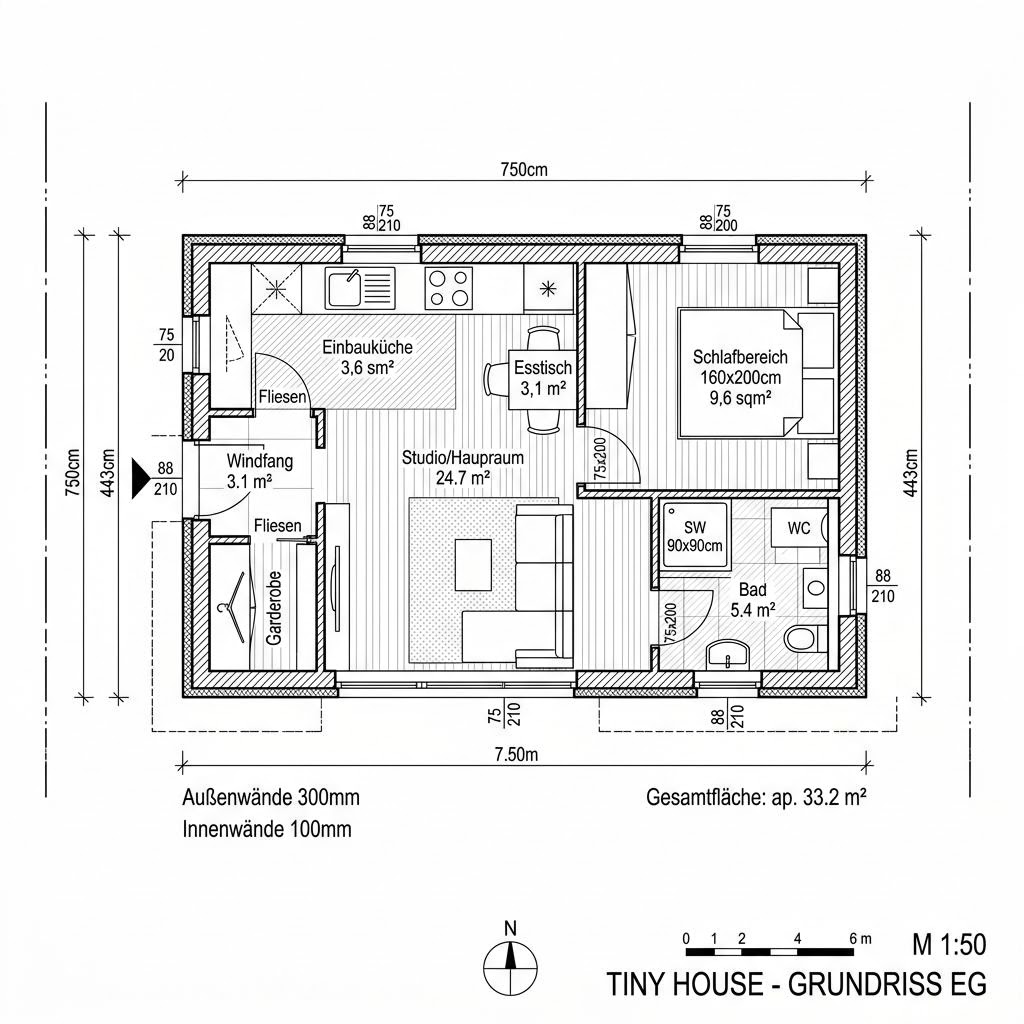 Grundriss Tiny Autark 33 von Wohnwagon — 33 m², 1 Zimmer