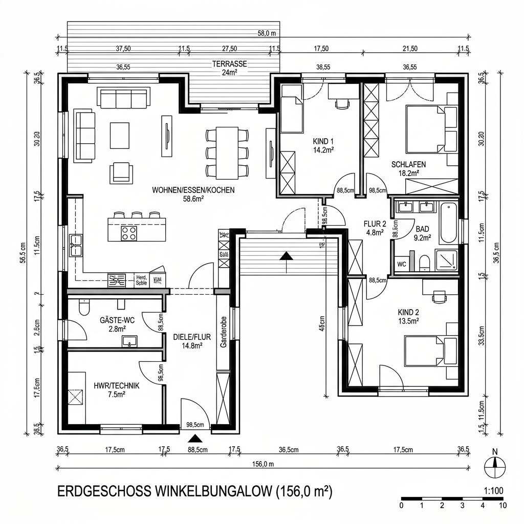 Grundriss Massiv-Winkelbungalow Winkel 156 von FIBAV Massivhaus — 156 m², 5 Zimmer