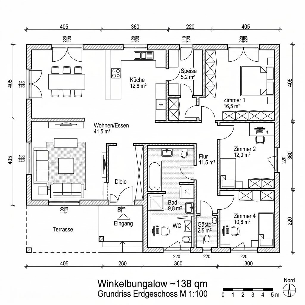Grundriss Winkelbungalow Buche 138 Grundriss Winkelbungalow Buche 138 von Frammelsberger Holzhaus