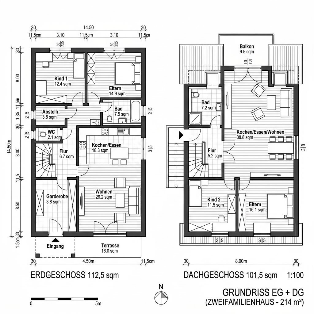 Grundriss Zweifamilienhaus Kajüte Zwei 214 von Bärenhaus — 214 m², 7 Zimmer