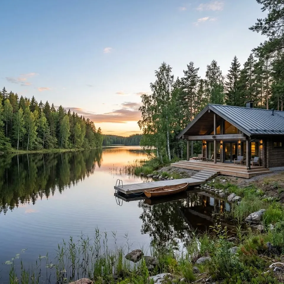 Modernes finnisches Holz-Fertighaus an einem See mit Wald – Fertighaus bauen in Finnland 2026 Modernes finnisches Holz-Fertighaus an einem See mit Wald – Fertighaus bauen in Finnland 2026
