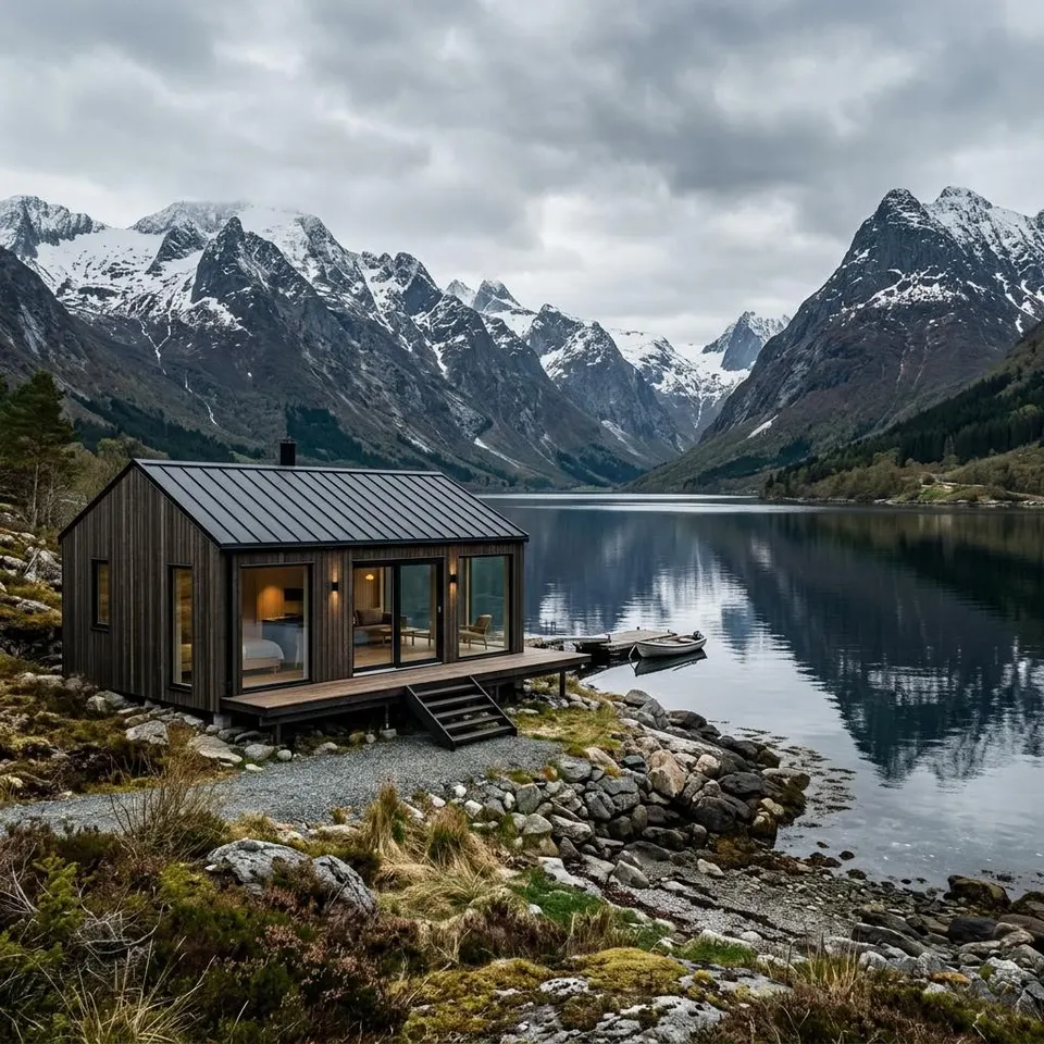 Holz-Fertighaus vor norwegischer Fjordlandschaft – Fertighaus bauen in Norwegen 2026 Holz-Fertighaus vor norwegischer Fjordlandschaft – Fertighaus bauen in Norwegen 2026