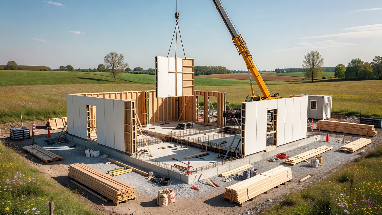 Hausbau-Fahrplan Schritt für Schritt mit Fertighaus in der Montagephase auf einem Grundstück